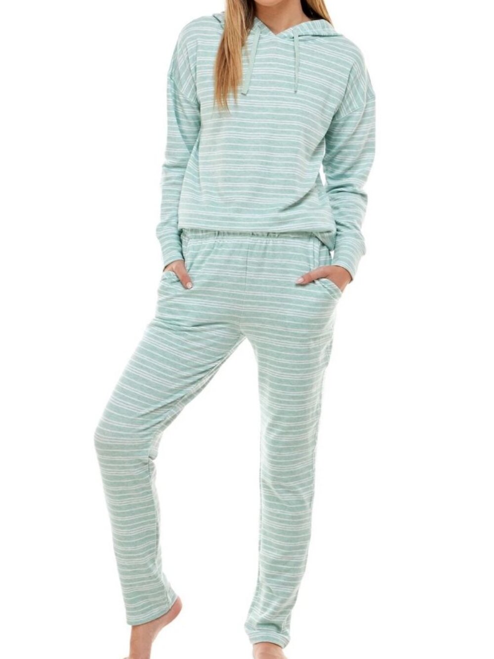 Roudelain Women's 2-Piece Drop Shoulder Hoodie Pajama Set, Green Stripe, XL